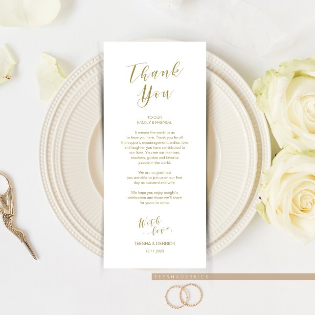 Ställe Setting Tack, modernt skriptkort Guld Program (Wedding Dinner or Elopement Brunch Place Setting Thank You Card, In Modern Romantic Gold Themed.)