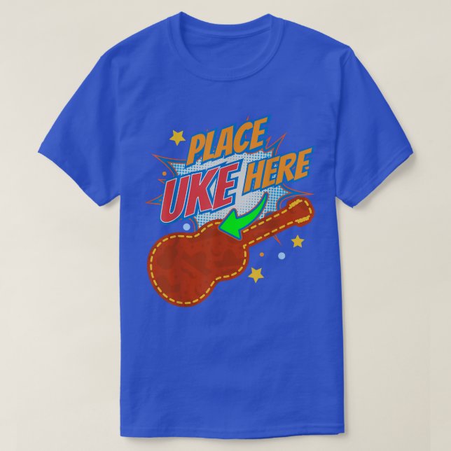 Ställe Uke Här i Ukulele Player Guitar Instrument T Shirt (Design framsida)