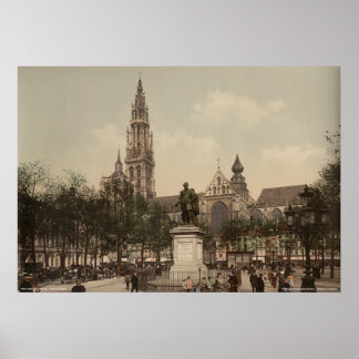 Ställe Verte and cathedral, Antwerpen, Belgien Poster