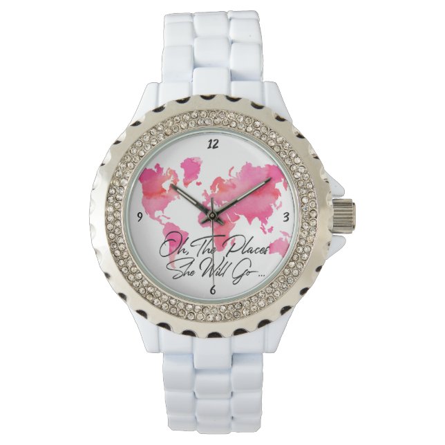 Ställen kommer att gå Rosa Watercolor World Map Armbandsur (Framsida)