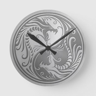 Stålsätta Yin Yang drakar Rund Klocka