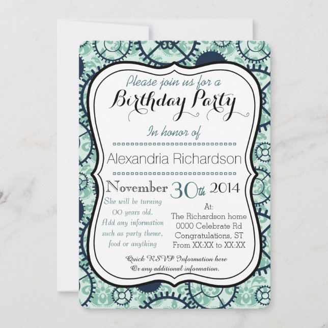 Stålurverk och dammliknande födelsedagsfester inbjudningar (Framsida)
