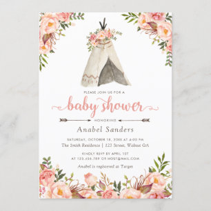 Stam- baby shower för blom- pilar för Boho Teepee Inbjudningar