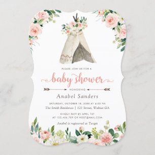 Stam- baby shower för blom- pilar för Boho Teepee Inbjudningar