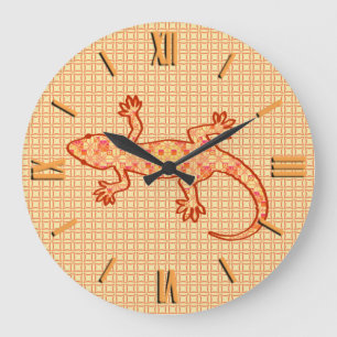 Stam- batikGecko - korall och tänder - orange Stor Klocka