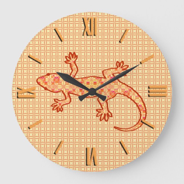 Stam- batikGecko - korall och tänder - orange Stor Klocka (Framsida)
