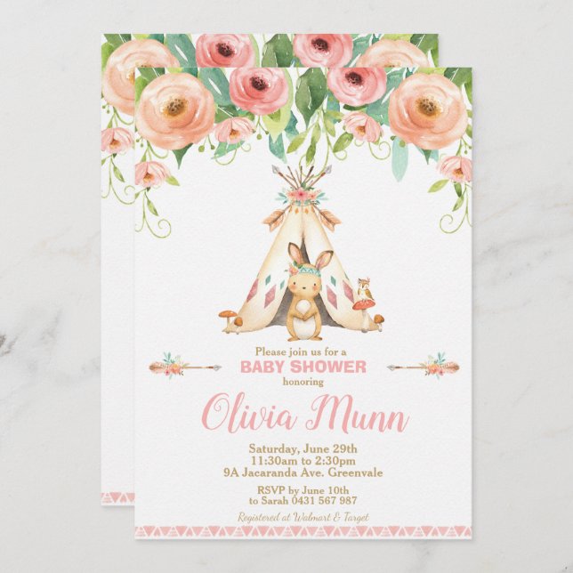 Stam- Boho för skogsmark för kaninkaninbaby shower Inbjudningar (Fram/baksida)