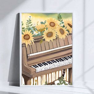 Stäm in i blom Vattenfärg Solros Blommig Piano Poster