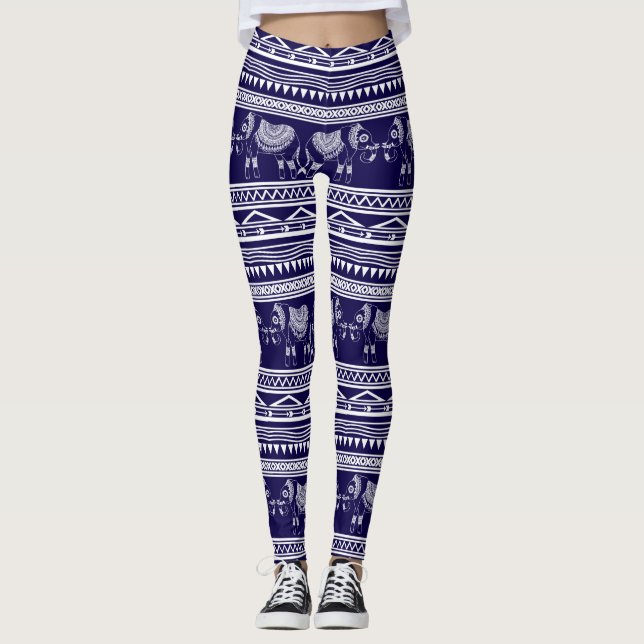 Stam- mönster för vit och för marinblå elefant leggings (Framsida)