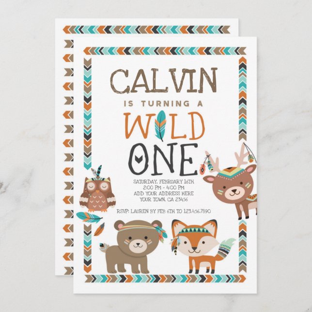 Stam- skogsmark, vild en, 1st födelsedag inbjudningar (Fram/baksida)