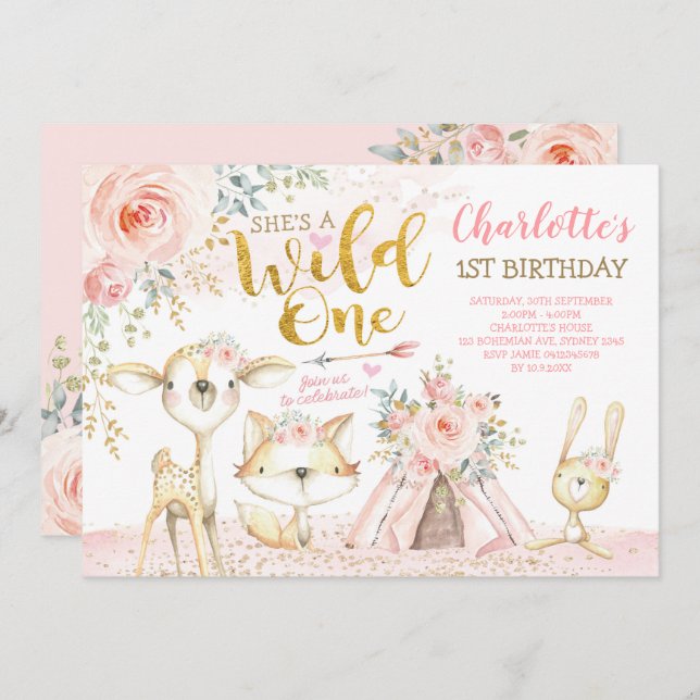 Stam- vild för Boho skogsmarkdjur en 1st Inbjudningar (Fram/baksida)