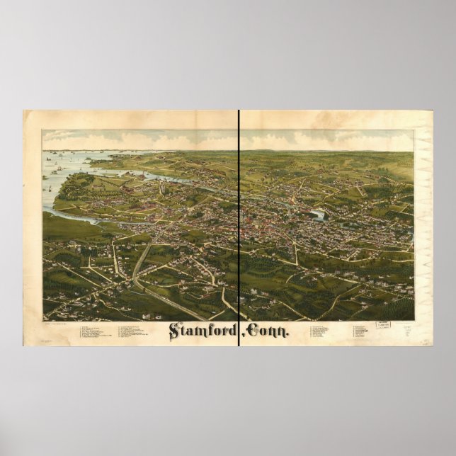 Stamford Connecticut 1883 Antique Panoramic Karta Poster (Framsidan)