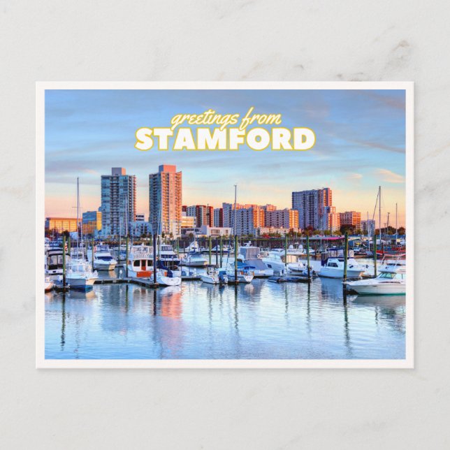 Stamford Connecticut Siluett Hamn Båtar Välkomsthä Vykort (Framsida)