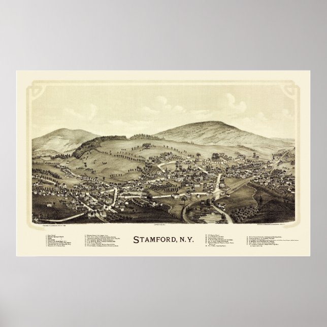Stamford, NY Panoramic Karta - 1890 Poster (Framsidan)