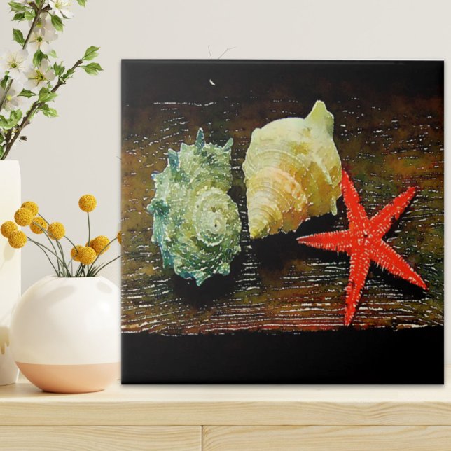 Stamhus för rustiska vattenfärger, årstidsbetingad kakelplatta (rustic watercolor seashell starfish beach house ceramic tile)