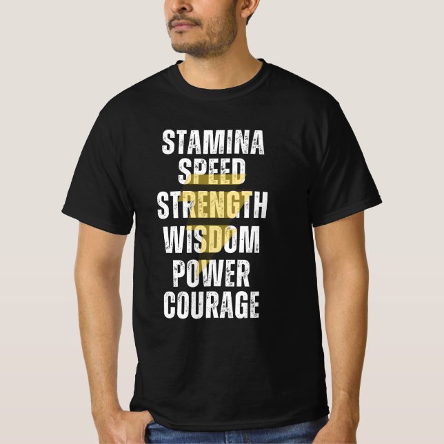 STAMINA, HASTIGHET, STYRKA, WISDOM, EFFEKT, KOURAG T SHIRT (Framsida)