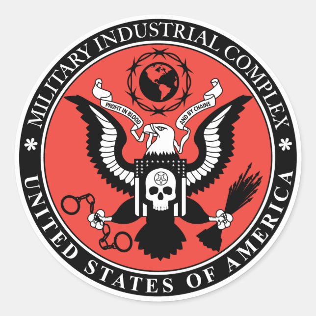 Stämmer för militärindustrikomplex runt klistermärke (Framsida)