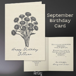 Stamped Aster September Birth Flower Linen Kort