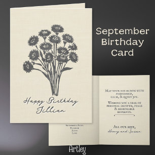 Stamped Aster September Birth Flower Linen Kort