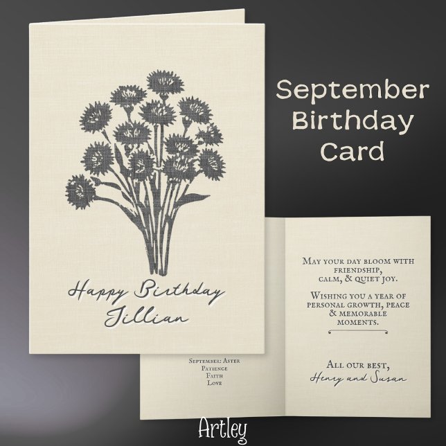 Stamped Aster September Birth Flower Linen Kort (Skapare uppladdad)