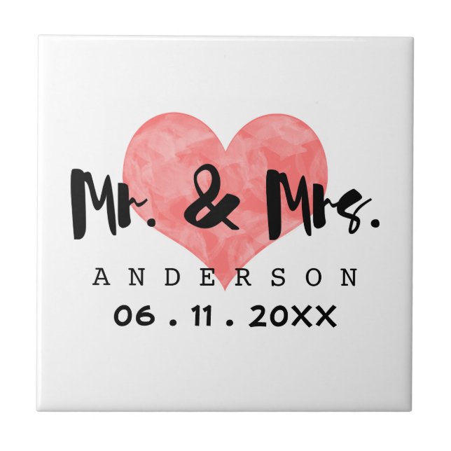 Stamped Heart Mr & Mrs Bröllop Date Kakelplatta (Framsidan)