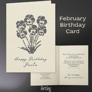 Stamped Violet Pansy februari Birth Flower Linen Kort