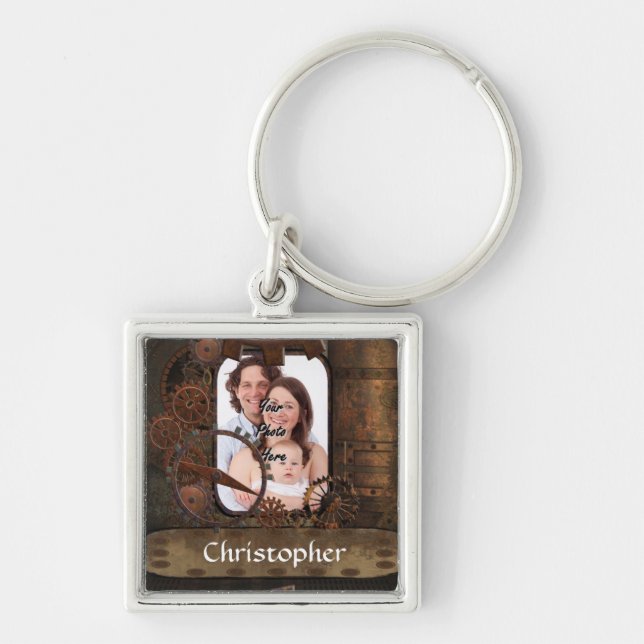 Stampunk, fotobakgrund fyrkantig silverfärgad nyckelring (Framsidan)