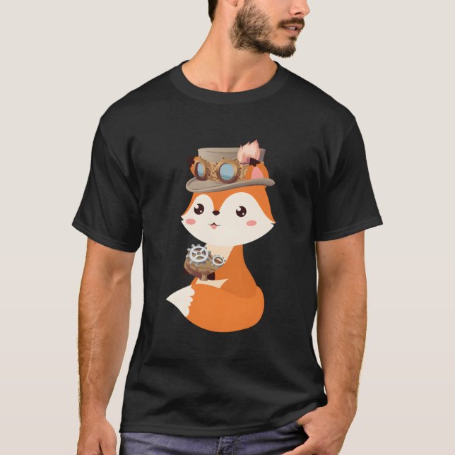 Stampunk Fox Science fiction ångströmsdriven rityt T Shirt (Framsida)