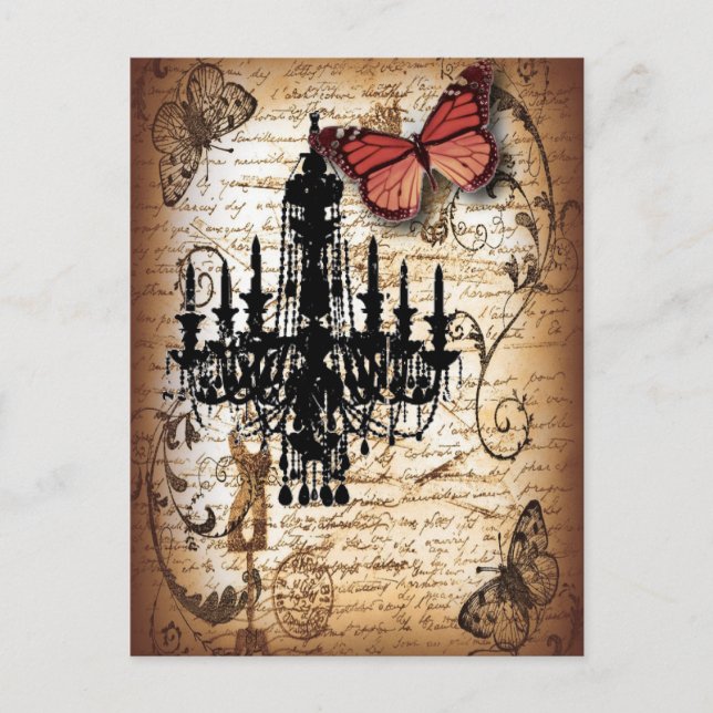 Stampunk goth butterfly paris vintage chandelier vykort (Framsida)