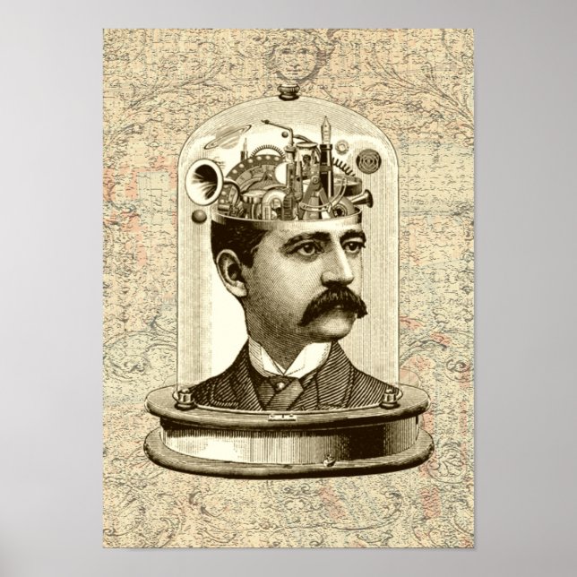 Stampunk, klocka, hjärna poster (Framsidan)