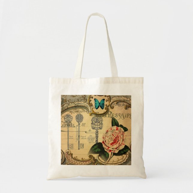 Stampunk nycklar moderna vintage rosa blomkamellia tygkasse (Framsidan)