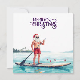 Stand-Up Paddle Santa — Coastal Christmas Holiday Julkort