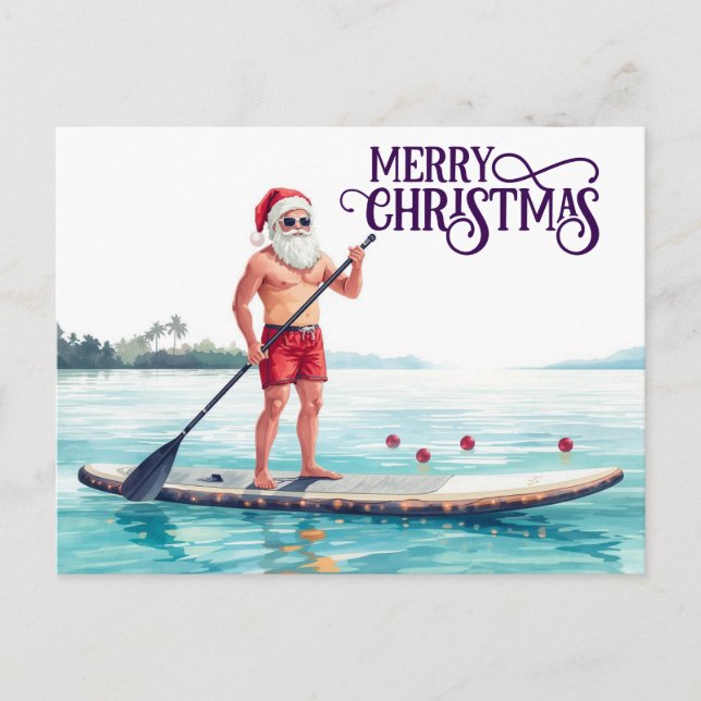Stand-Up Paddle Santa — Coastal Christmas Holiday Vykort (Framsida)