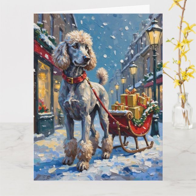 Standard Poodle French Sleigh Christmas Kort (Gul blomma)