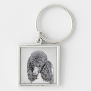 Standard Pudel Black Parti-målning - Hund Art Fyrkantig Silverfärgad Nyckelring