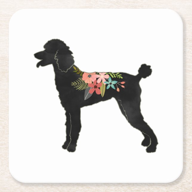 Standard Pudel Hund aveln Boho Blommigt Silhouette Underlägg Papper Kvadrat (Framsidan)