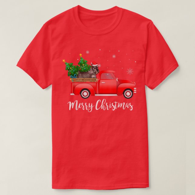 Standard Schnauzer Hund Riding Red Lastbil jul T Shirt (Design framsida)