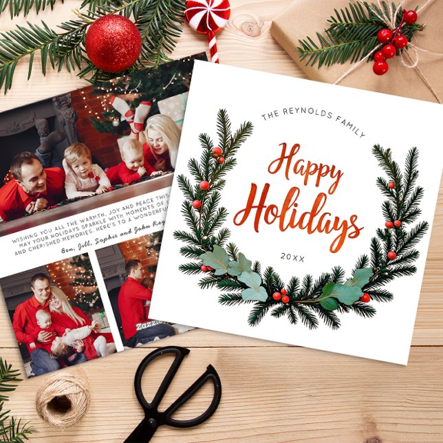 Ständigt grön julkrans 3 Foto Familj Holiday Card Julkort (3 Photo Holiday Card)