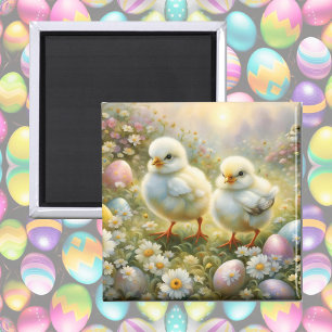 Stäng av chickar i en skugga med Påskägg, vintage Magnet