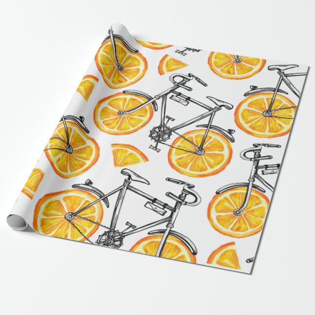 Stäng av cyklar med orange hjul. Vattenfärgad hand Presentpapper (Utrullad)