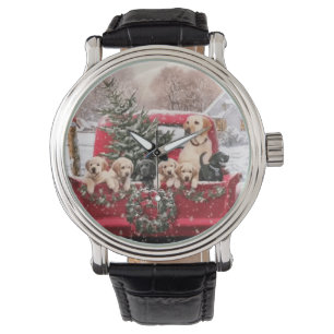 Stäng av julgranen Retro Red Lastbil med valpar H Armbandsur