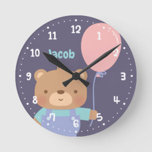Stäng av lite Nalle med Ballon, Baby Nursery Rund Klocka