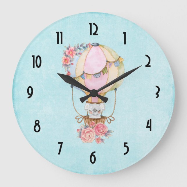 Stäng av Luftballongen med Bear Watercolor Stor Klocka (Framsida)