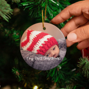 Stäng av mitt första baby-julfoto julgransprydnad keramik