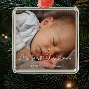 Stäng av mitt första baby-julfoto julgransprydnad metall