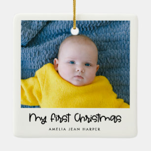 Stäng av mitt första julfoto Baby Julgransprydnad Keramik