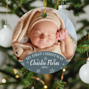 Stäng av mitt första julfoto Baby, Namn och år Julgransprydnad Keramik