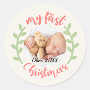 Stäng av mitt första julfoto Baby Runt Klistermärke