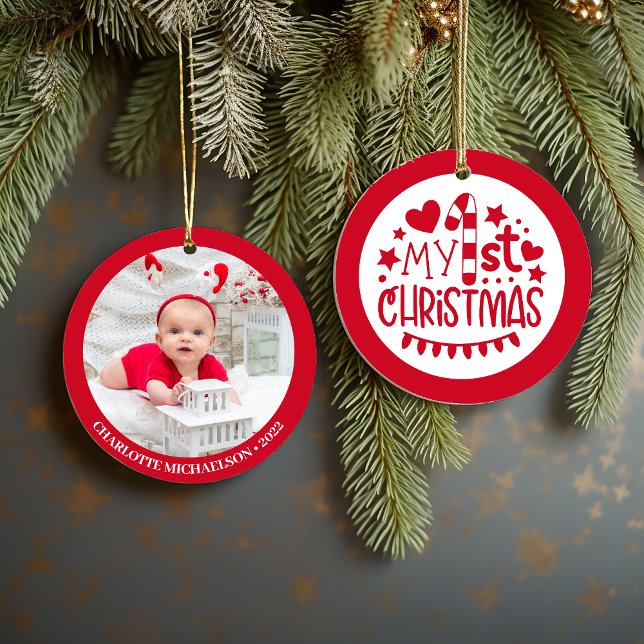 Stäng av mitt första julfoto i Personligen Julgransprydnad Keramik (Cute My First Christmas Personalized Photo Ceramic Ornament)
