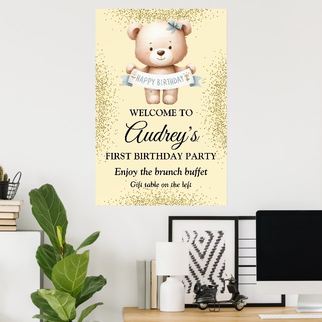 Stäng av Nallen med Brithday Banner Poster (Hemmakontoret)